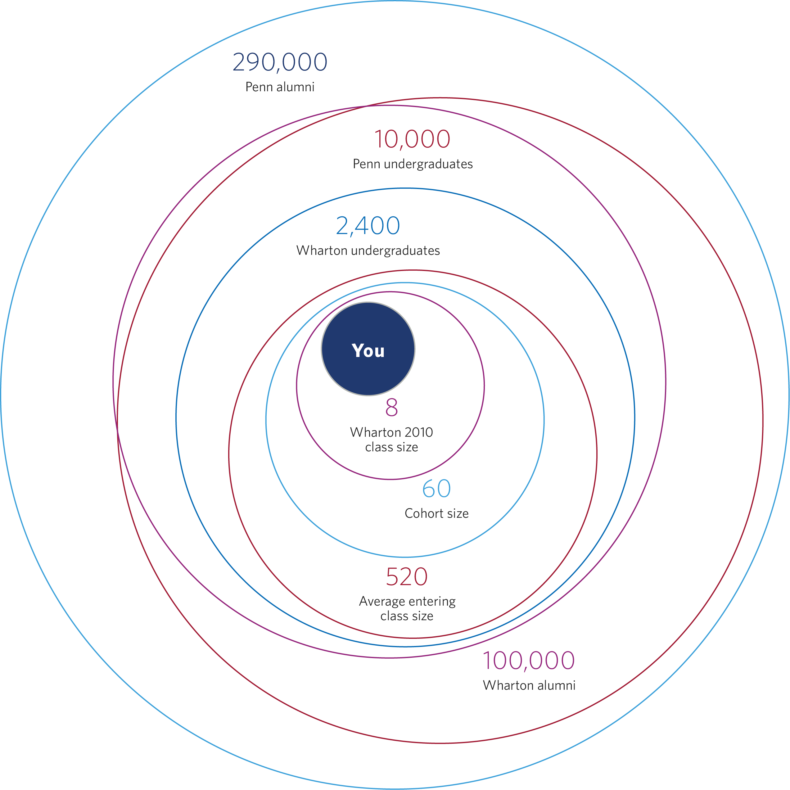 Concentric circles representing various groups associated with Wharton and Penn: individual at the center, small 2010 Wharton class, cohort size, average entering class size, Wharton undergraduates, Penn undergraduates, Wharton alumni, and Penn alumni